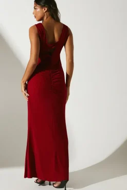 Ruched Bodice V Neck Jersey Fishtail Maxi Dress