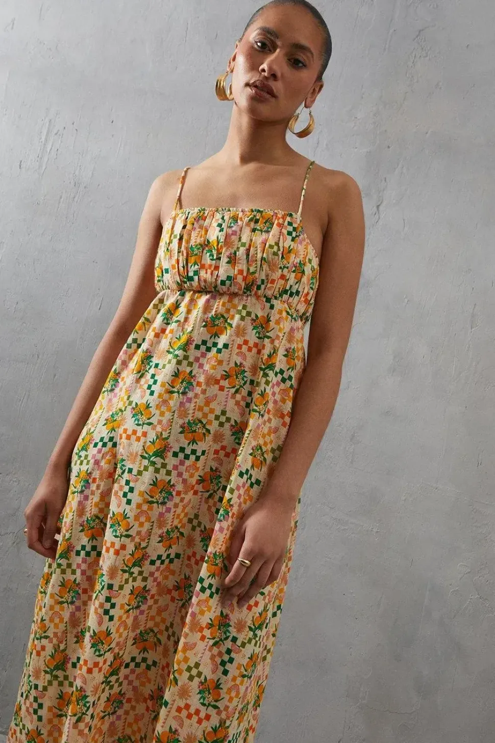 Ruched Bust Orange Print Strappy Midi Sundress