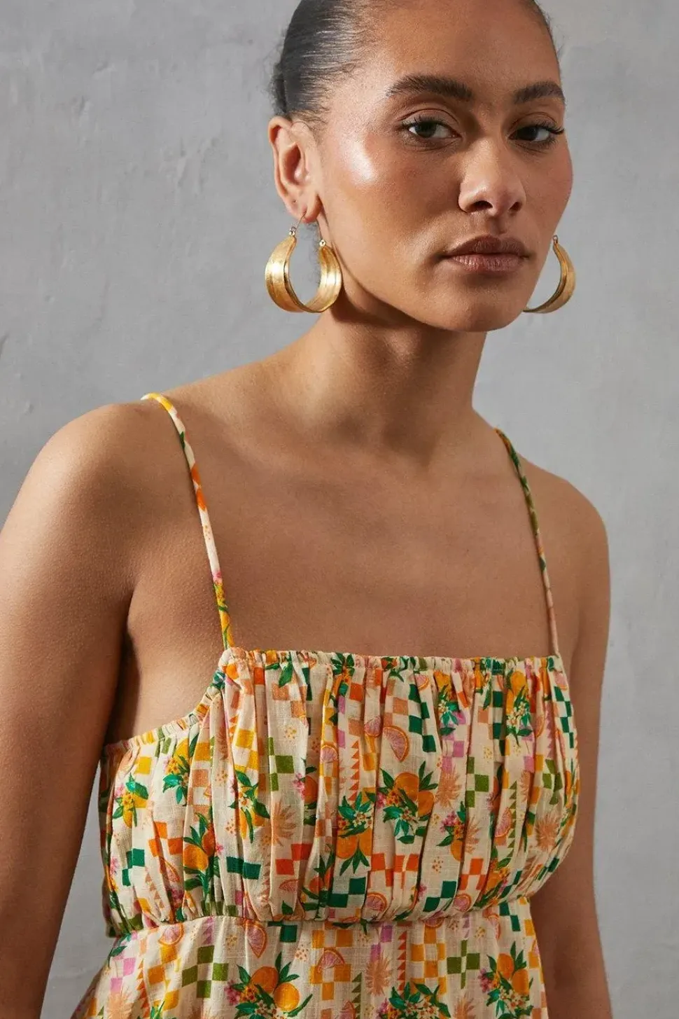 Ruched Bust Orange Print Strappy Midi Sundress
