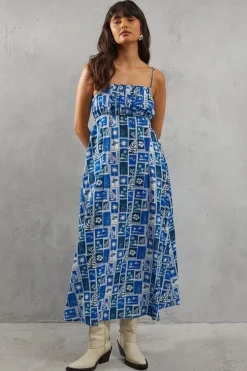 Ruched Bust Postcard Print Strappy Midi Sundress