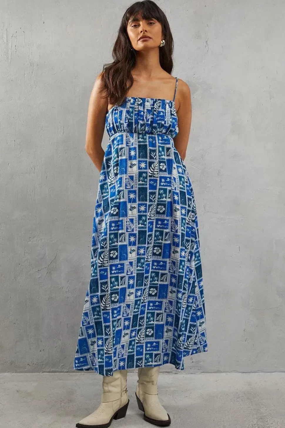 Ruched Bust Postcard Print Strappy Midi Sundress