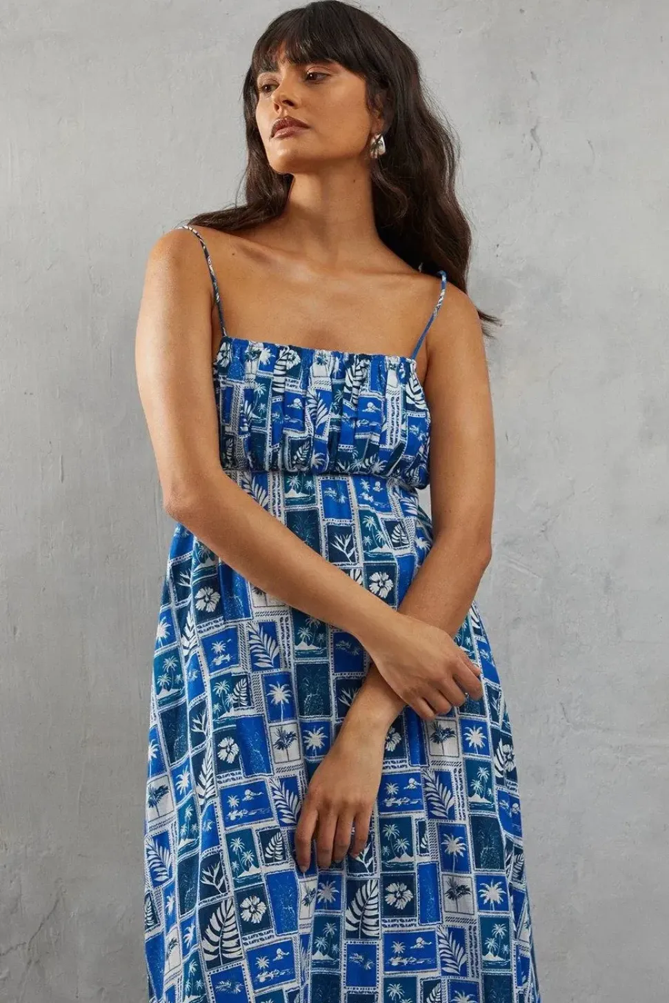 Ruched Bust Postcard Print Strappy Midi Sundress