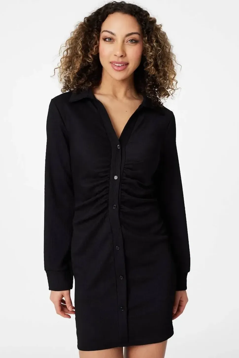 Ruched Button Front Shirt Dress