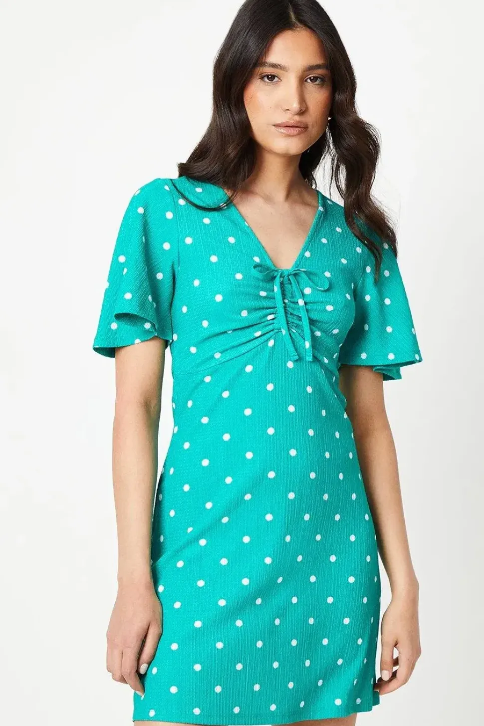 Ruched Front Angel Sleeve Mini Dress