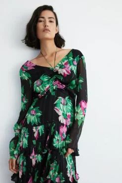 Ruched Front Pleated Maxi Dress