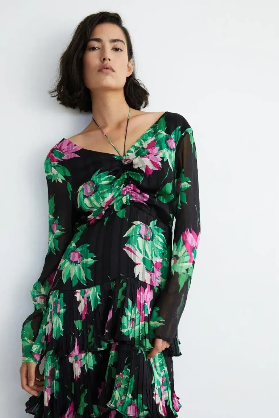 Ruched Front Pleated Maxi Dress