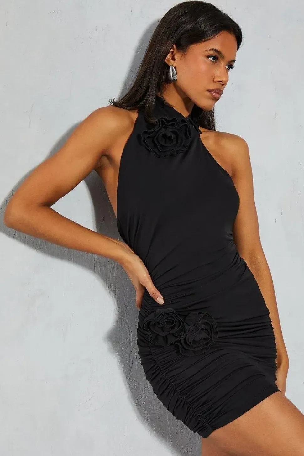 Ruched Halter Neck Corsage Mini Dress