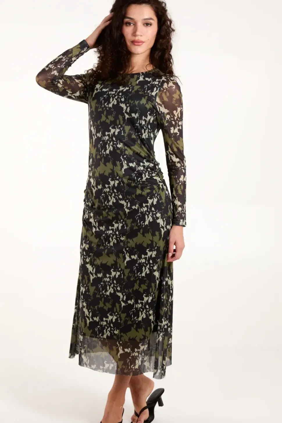Ruched Mesh Midi Dress