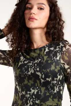 Ruched Mesh Midi Dress