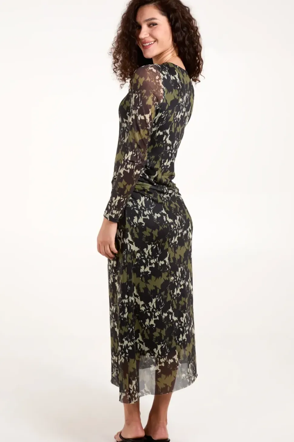 Ruched Mesh Midi Dress