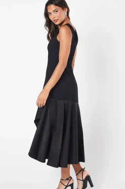 Ruched Shoulder Drape Skirt Crepe Midi Wedding Guest Dress