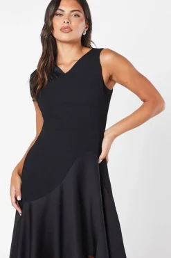 Ruched Shoulder Drape Skirt Crepe Midi Wedding Guest Dress