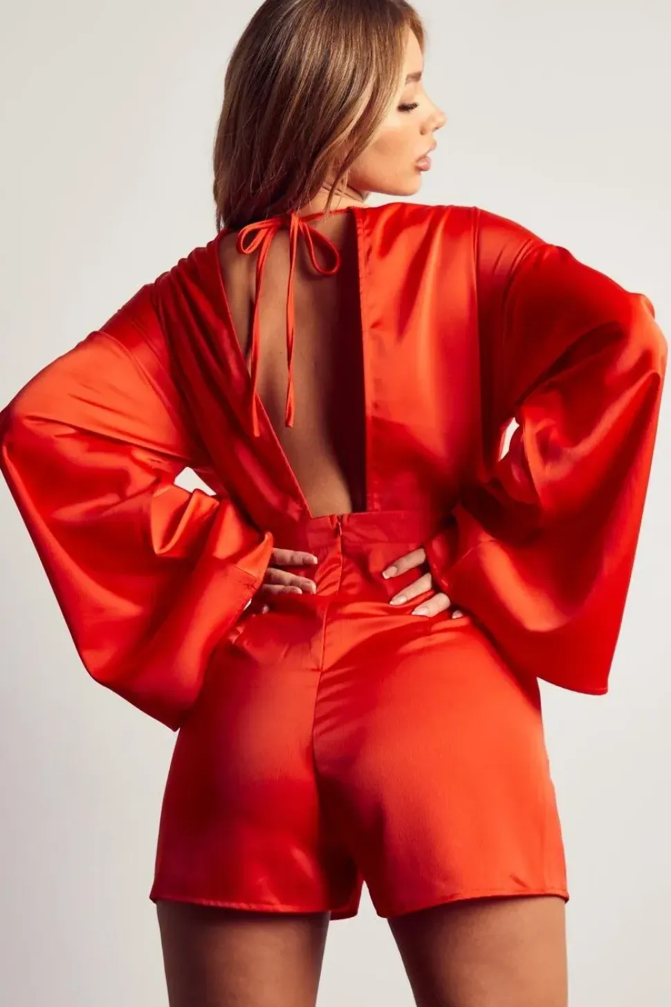Ruched Shoulder Tie Back Satin Playsuit