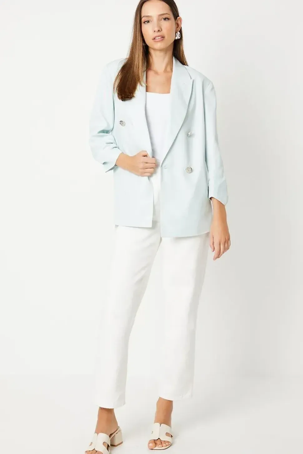 Ruched Sleeve Double Breasted Blazer