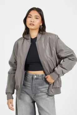 Ruched Sleeve Oversized Bomber Jacket
