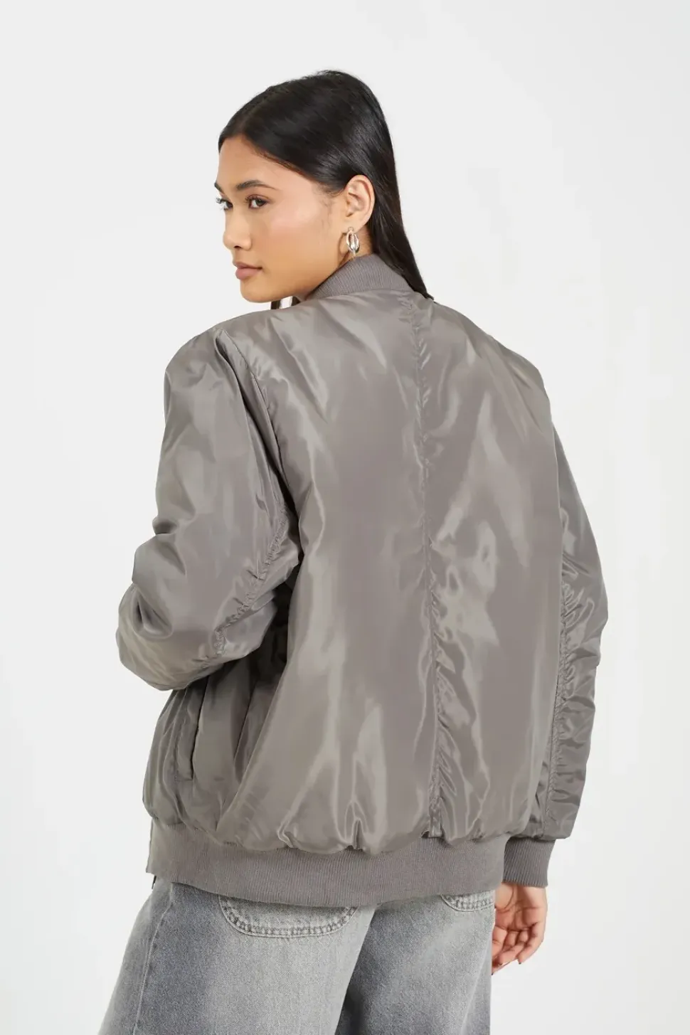 Ruched Sleeve Oversized Bomber Jacket