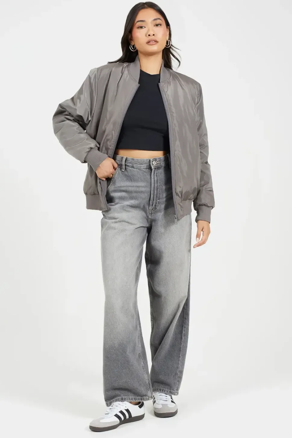 Ruched Sleeve Oversized Bomber Jacket