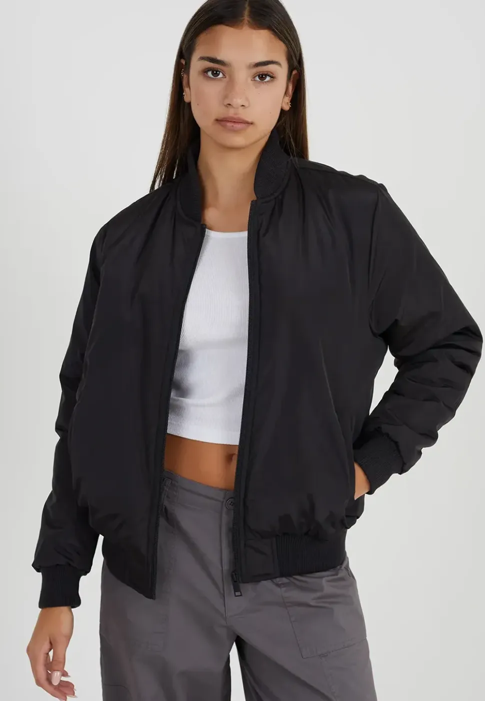 Ruched Sleeve Oversized Bomber Jacket