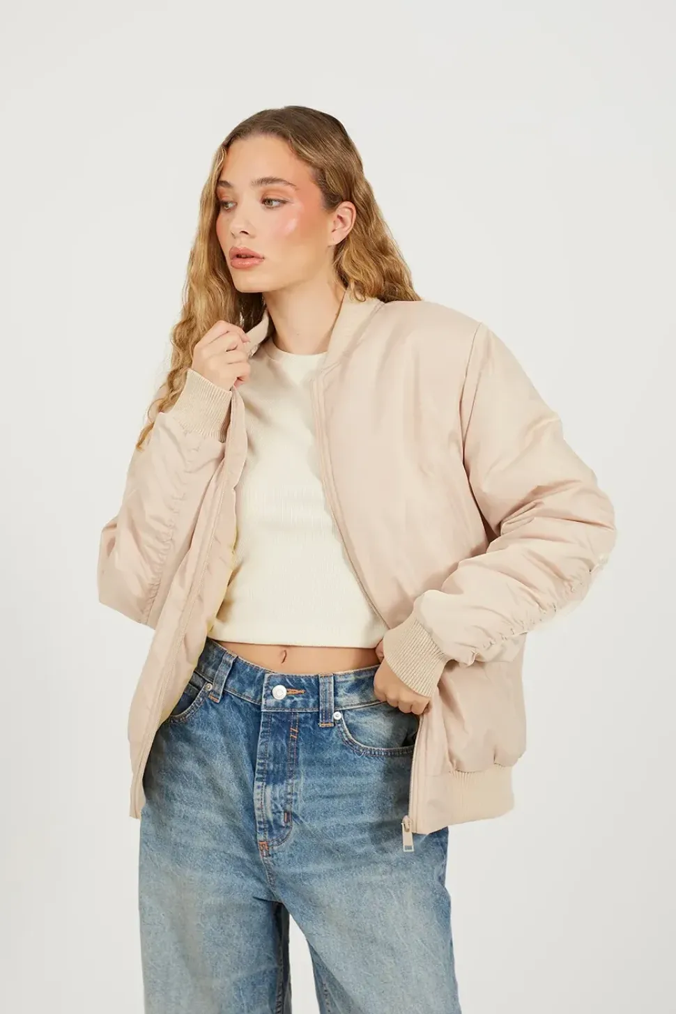 Ruched Sleeve Oversized Bomber Jacket