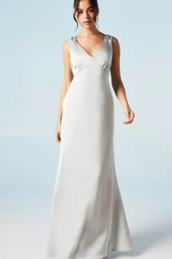 Ruche Shoulder Satin Bridesmaids Dress