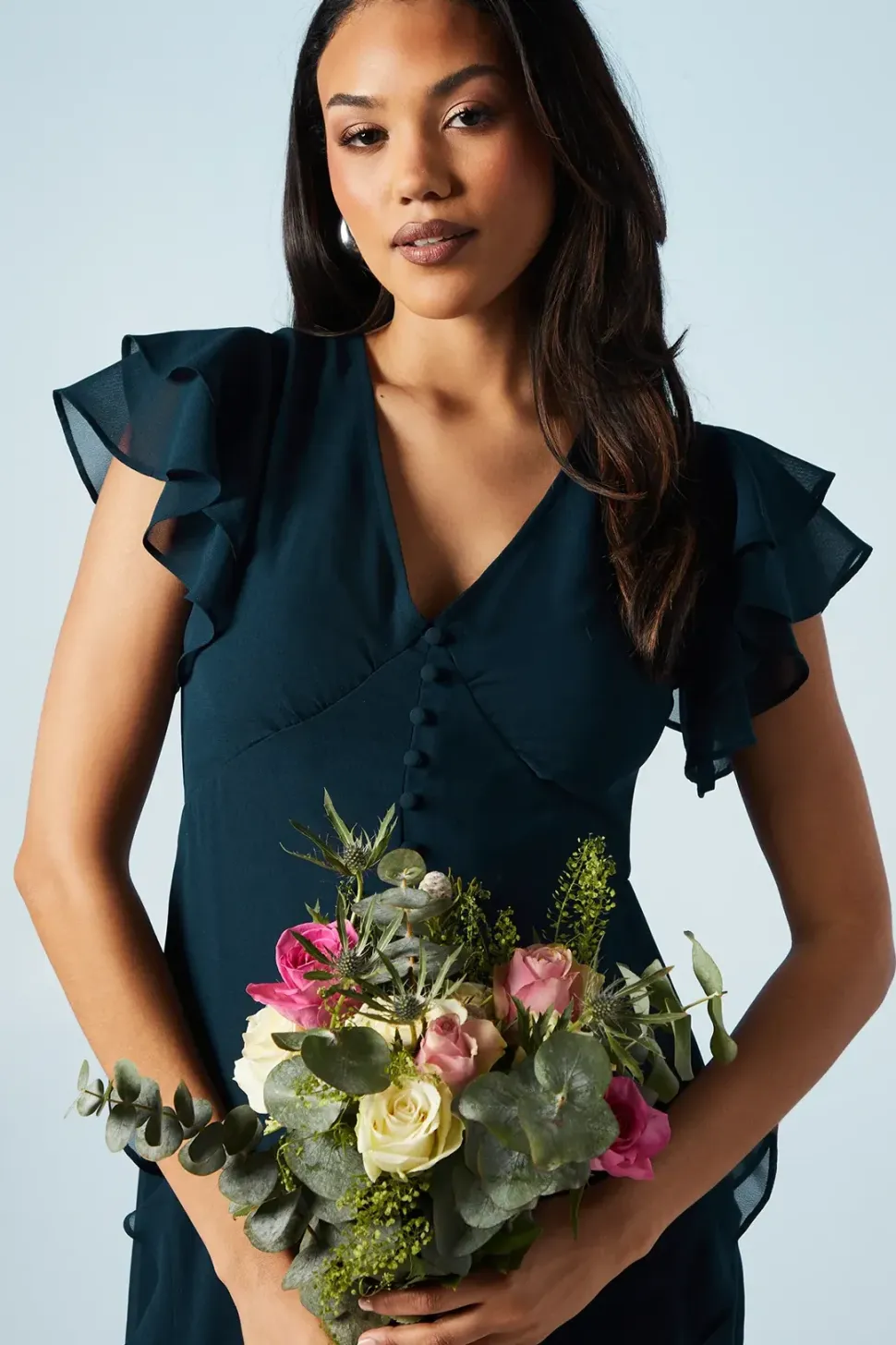 Ruffle And Button Detail Bridesmaid Maxi Dress