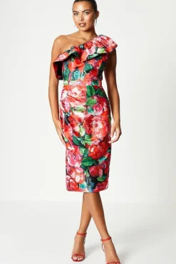 Ruffle Asymmetrical Satin Jacquard Midi Dress