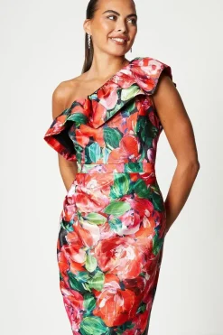 Ruffle Asymmetrical Satin Jacquard Midi Dress