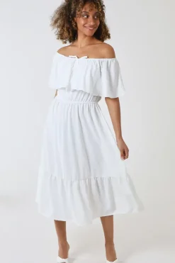 Ruffle Bardot Midi Dress