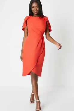 Ruffle Cape Sleeve Wrap Skirt Midi Dress
