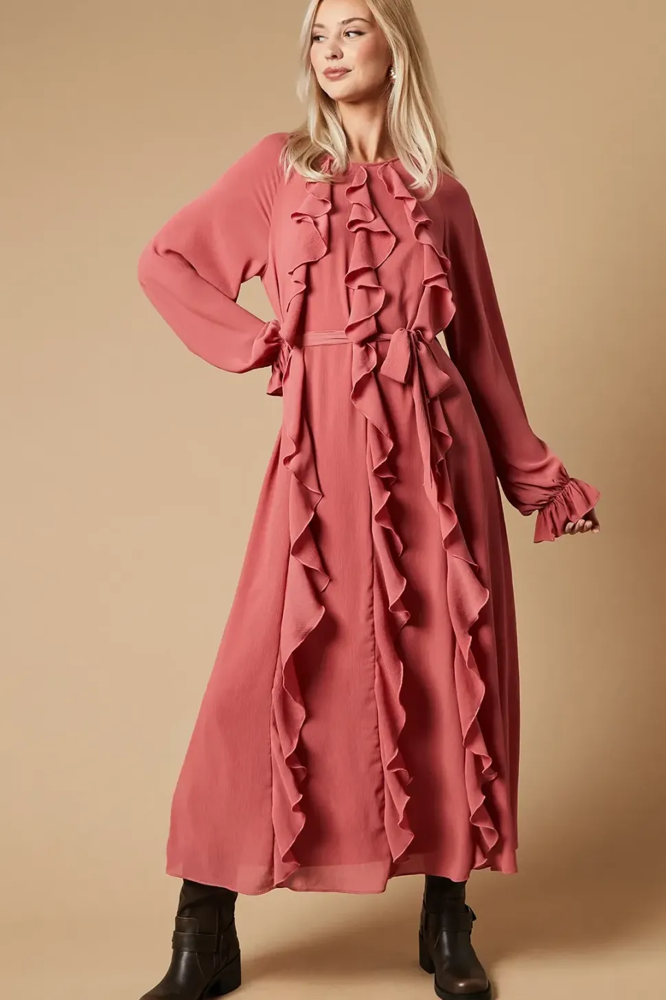 Ruffle Chiffon Belted Midi Dress