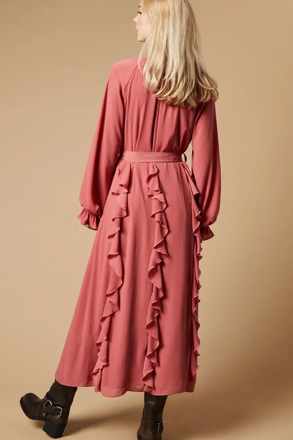 Ruffle Chiffon Belted Midi Dress