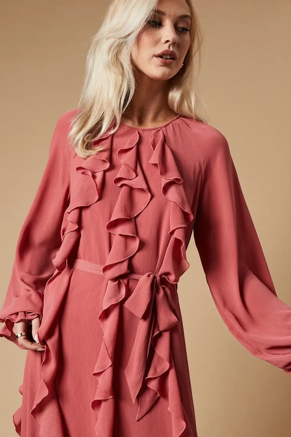 Ruffle Chiffon Belted Midi Dress