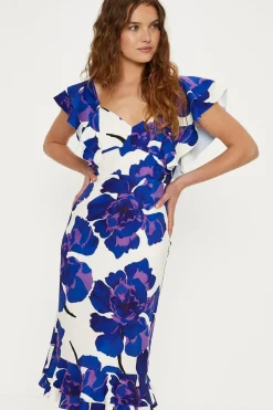 Ruffle Detail Floral Crepe Midi Dress