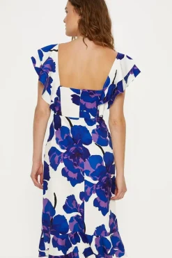 Ruffle Detail Floral Crepe Midi Dress