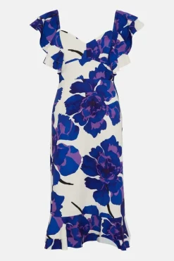 Ruffle Detail Floral Crepe Midi Dress