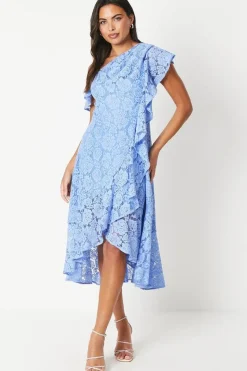 Ruffle Detail Frill Shoulder Lace Midi Dress