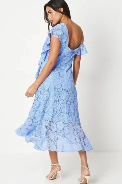 Ruffle Detail Frill Shoulder Lace Midi Dress