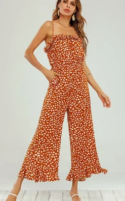 Ruffle Detail Jumpsuit In Orange Spot Print