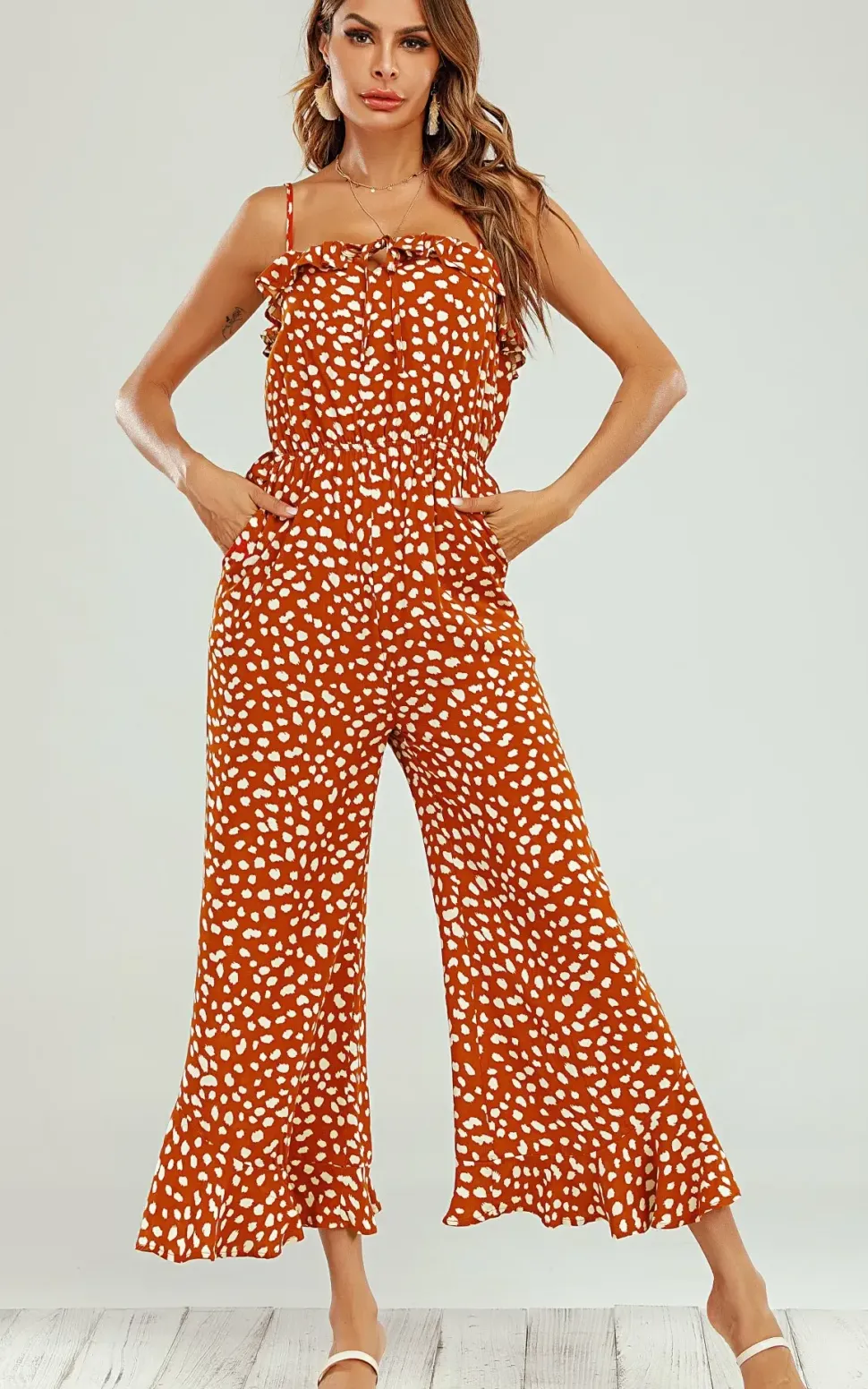 Ruffle Detail Jumpsuit In Orange Spot Print