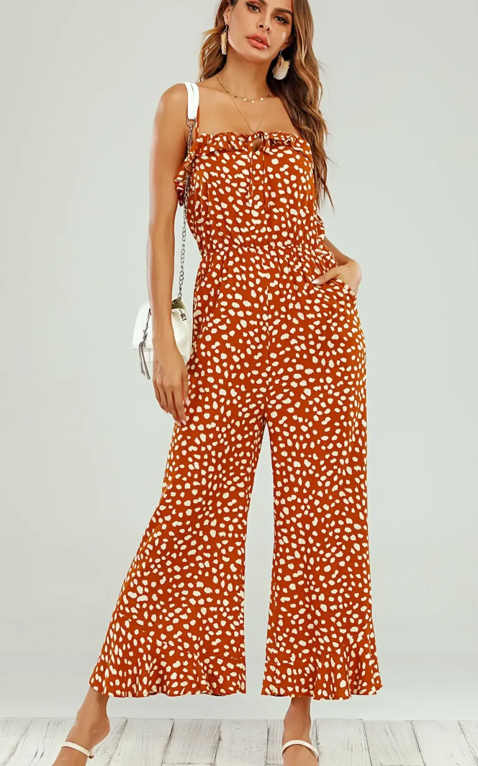 Ruffle Detail Jumpsuit In Orange Spot Print