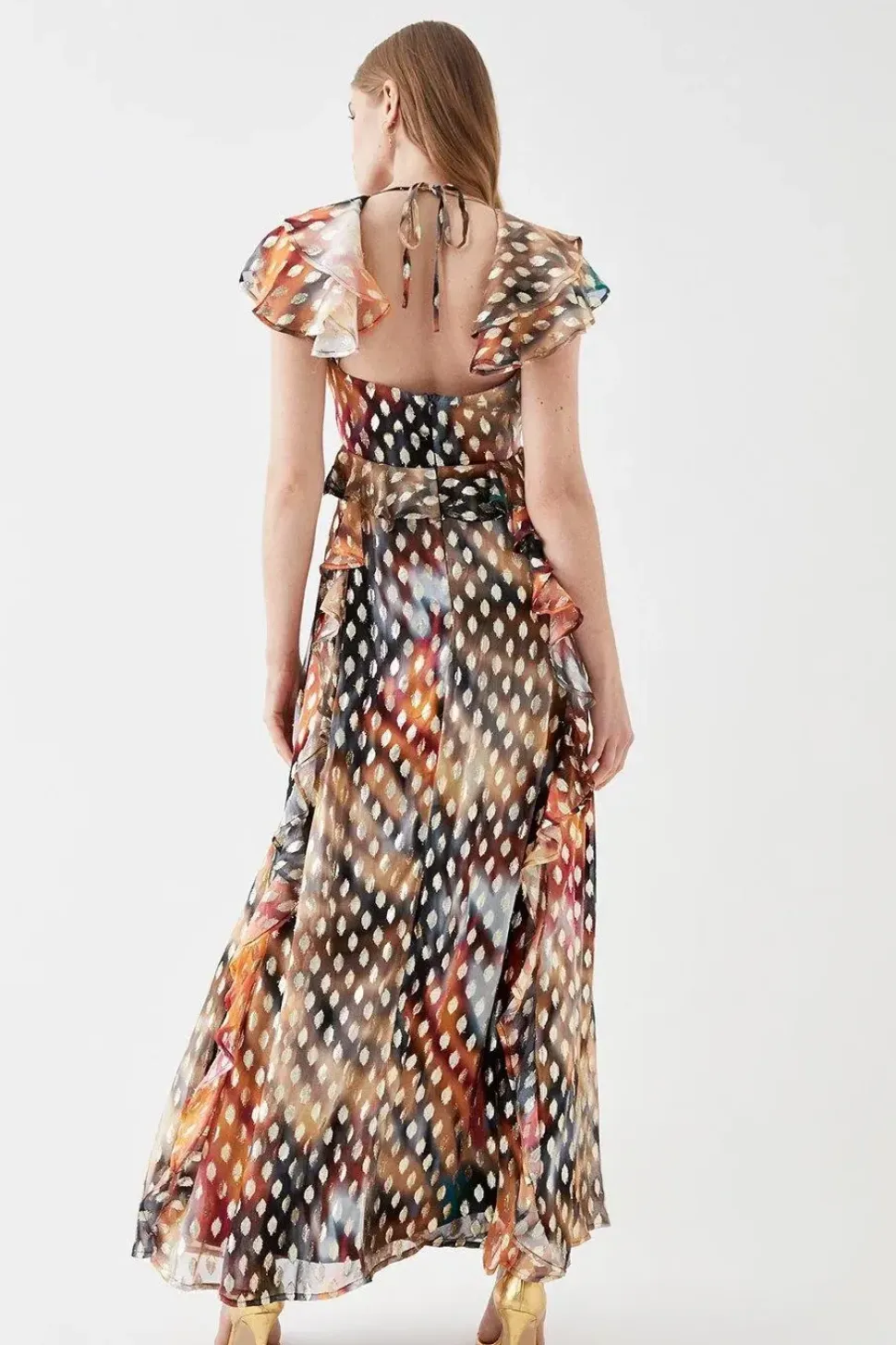 Ruffle Detail Metallic Maxi Dress