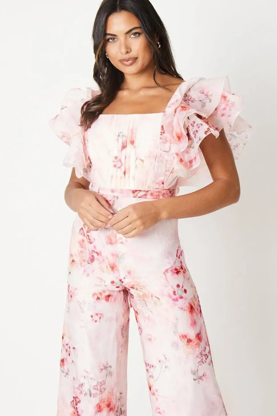 Ruffle Detail Printed Organza Jumpsuit