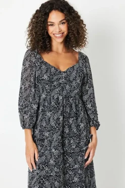 Ruffle Detail Sweetheart Chiffon Midi Dress