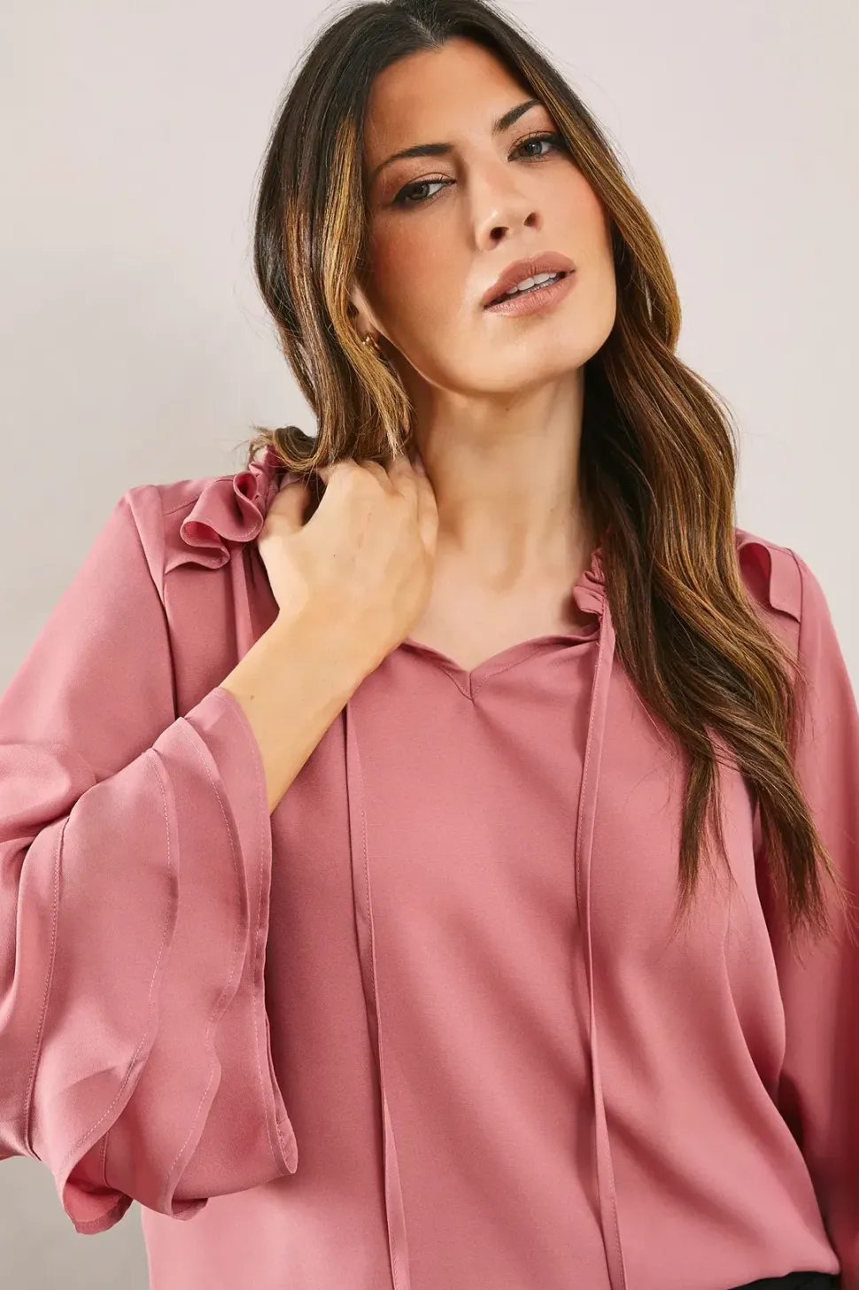 Ruffle Detail Tie Neck Blouse