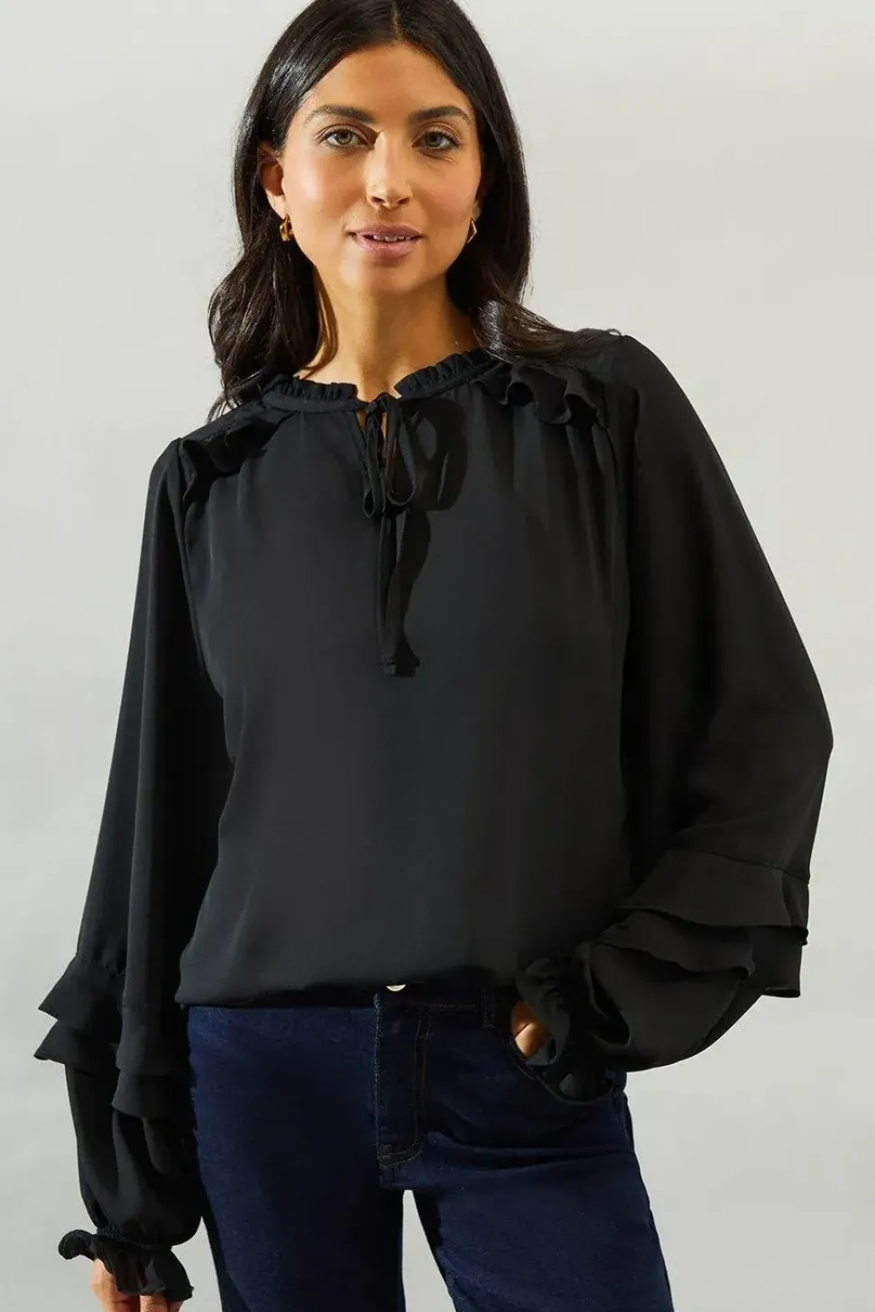 Ruffle Detail Tie Neck Blouse