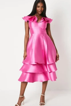Ruffle Detail Tiered Skirt Twill Midi Dress