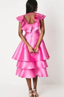 Ruffle Detail Tiered Skirt Twill Midi Dress