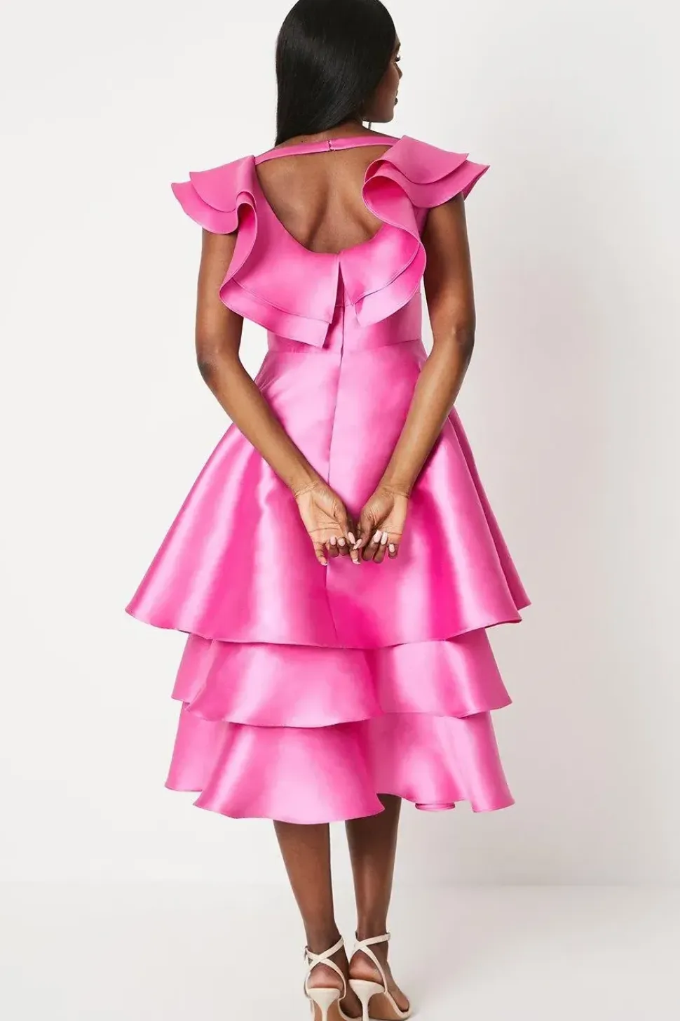 Ruffle Detail Tiered Skirt Twill Midi Dress