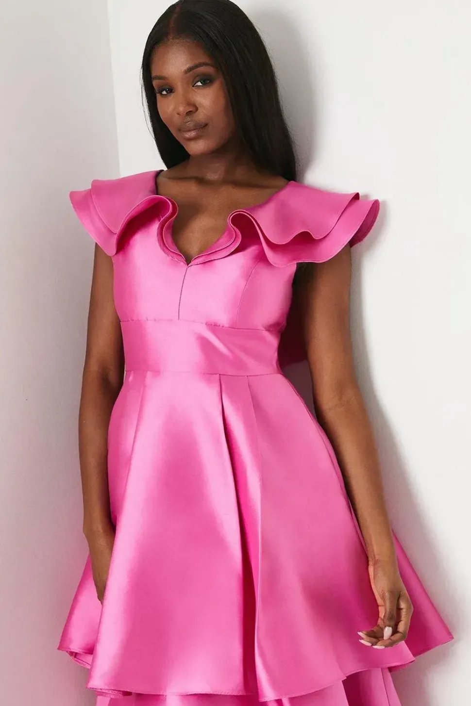 Ruffle Detail Tiered Skirt Twill Midi Dress