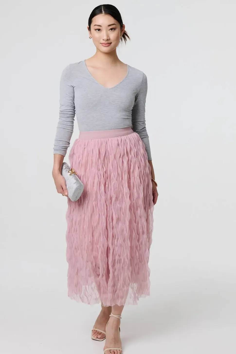 Ruffled High Waist Semi Sheer Midi Skirt